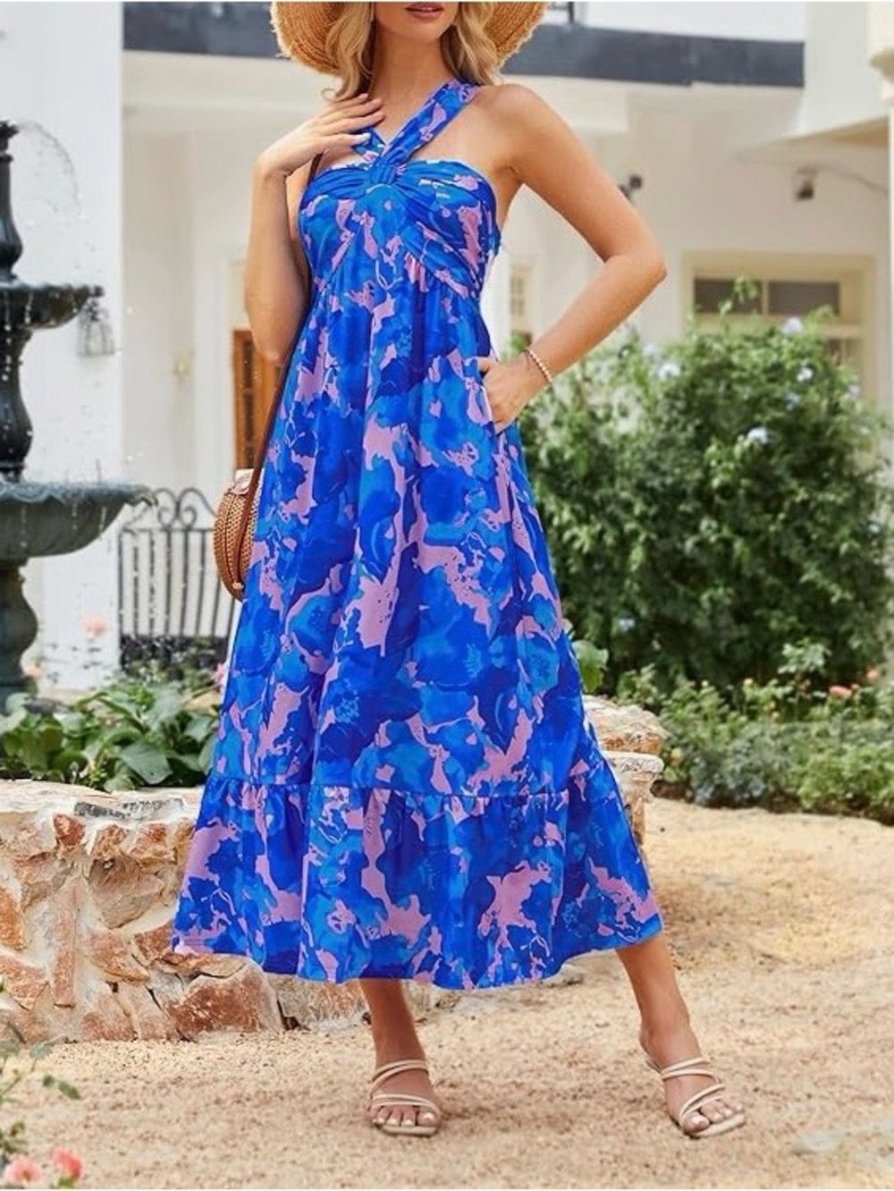 Grace Karin Summer Floral Flowy Halter Sundress with Pockets, Size L, NWT